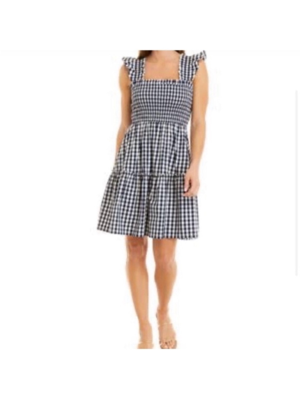 crown & ivy Navy and White Gingham Smocked Tiered knee length  Dress